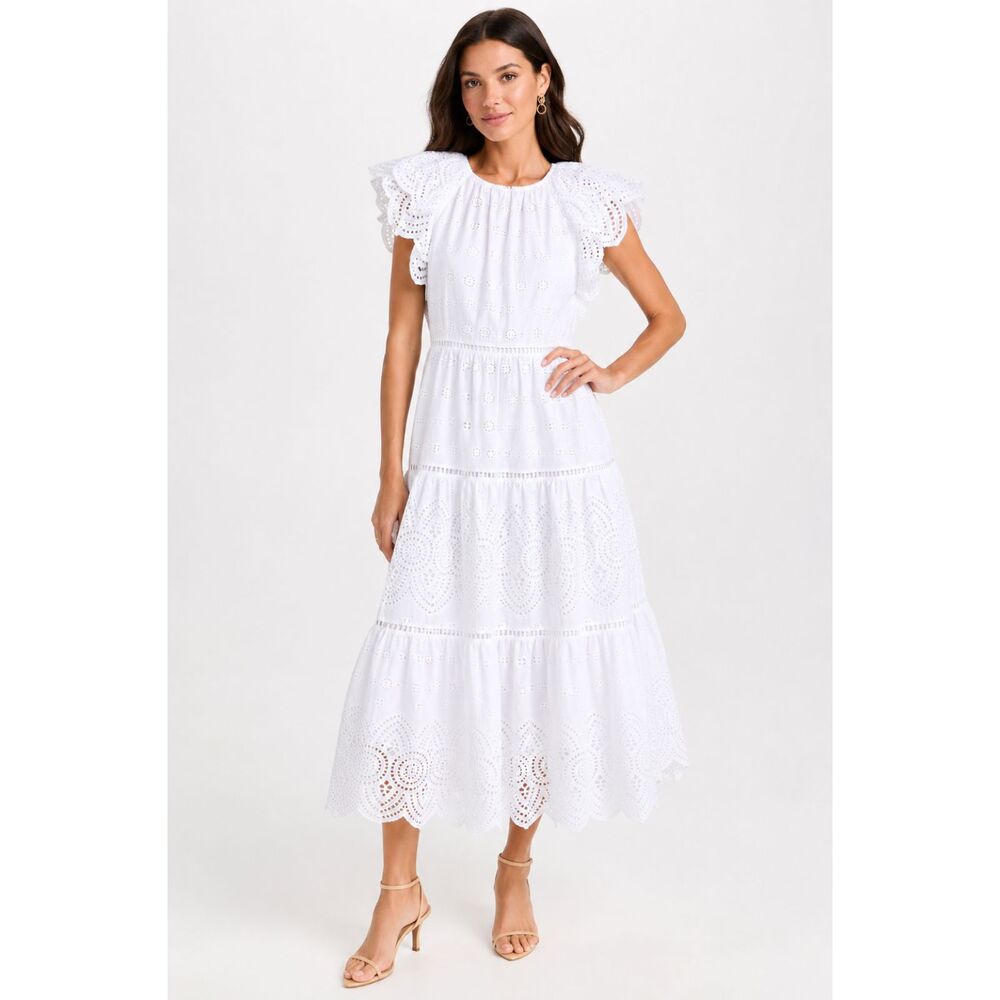 NWT Antonio Melani White Eyelet Midi Summer Dress in Size 6.